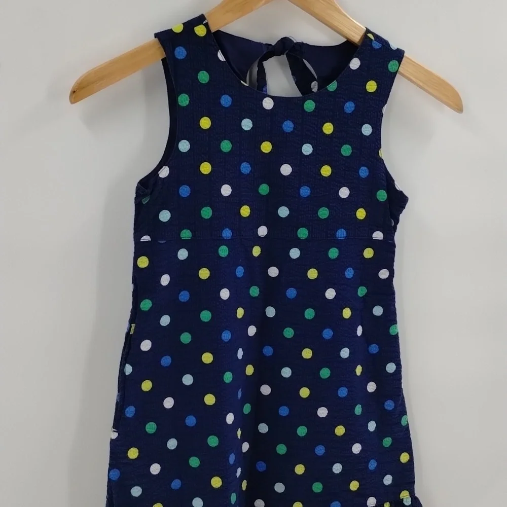 Gymboree cotton dress size 7 navy with polka dots and pockets tie back ruffle